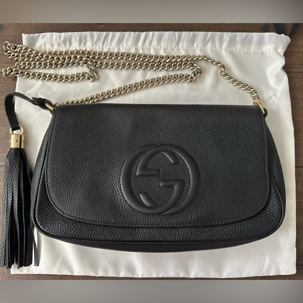 GUCCI Soho Chain Medium Black Pebbled Calfskin Leather Crossbody/Shoulder Bag